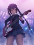  1girl backlighting bangs black_hair blue_jacket blue_skirt blush brown_eyes closed_mouth collared_shirt commentary_request cowboy_shot electric_guitar eyebrows_visible_through_hair fog food food_in_mouth from_below guitar highres holding holding_instrument instrument isou_nagi jacket k-on! long_hair long_sleeves looking_at_object music nakano_azusa neck_ribbon playing_instrument pleated_skirt pocky red_ribbon ribbon sakuragaoka_high_school_uniform school_uniform shirt skirt solo stage_lights standing twintails uniform white_shirt 