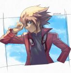  1boy bangs brown_eyes brown_hair closed_mouth commentary_request fushitasu grey_shirt hand_up jacket long_sleeves male_focus medium_hair open_clothes open_jacket popped_collar red_jacket shirt solo upper_body yu-gi-oh! yu-gi-oh!_gx yuuki_juudai 