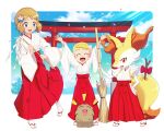  2girls :d absurdres alternate_costume arch blonde_hair blue_eyes bonnie_(pokemon) braixen broom clothed_pokemon cloud commentary confetti day english_commentary eyelashes gazing_eye gen_2_pokemon gen_6_pokemon hair_ornament highres holding holding_broom holding_stick light_brown_hair long_sleeves multiple_girls new_year open_mouth pigeon-toed pleated_skirt pokemon pokemon_(anime) pokemon_(creature) pokemon_xy_(anime) red_skirt sandals serena_(pokemon) short_hair skirt sky smile stick swinub tabi tongue wide_sleeves |d 
