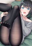  1girl :d ass bangs bare_shoulders black_hair black_legwear blue_eyes blue_panties blurry blurry_background blush commentary_request depth_of_field eyebrows_visible_through_hair feet fine_fabric_emphasis foot_focus foreshortening green_hair grey_shirt gurande_(g-size) gusset hair_between_eyes highres indoors knees_up legs long_sleeves lying multicolored_hair no_shoes off-shoulder_shirt off_shoulder on_back open_mouth original panties panties_under_pantyhose pantyhose shirt sleeves_past_wrists smile soles solo thighband_pantyhose two-tone_hair underwear 