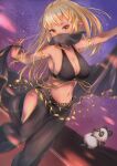  1girl :d absurdres armlet berotore blonde_hair bracelet breasts choker chromatic_aberration commentary_request dancer dancing dark-skinned_female dark_elf dark_skin elf harem_pants highres hololive jewelry large_breasts long_hair looking_at_viewer mouth_veil navel open_mouth orange_eyes pants pointy_ears ring shawl shiranui_flare sky smile solo star_(sky) starry_sky virtual_youtuber wedding_band 