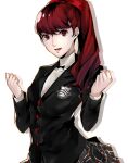 1girl bangs black_jacket black_neckwear bow bowtie buttons commentary english_commentary hair_between_eyes hair_bow highres jacket lips long_hair long_sleeves looking_at_viewer miniskirt open_mouth persona persona_5 persona_5_the_royal pertex_777 pink_lips pocket ponytail red_bow red_eyes red_hair school_uniform shirt shuujin_academy_uniform simple_background skirt smile solo teeth uniform wavy_hair white_background white_shirt yoshizawa_kasumi 