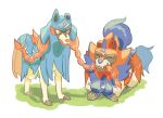  claws closed_eyes commentary_request gen_8_pokemon highres legendary_pokemon looking_at_another mouth_hold no_humans pokemon pokemon_(creature) sharp_teeth smile standing teeth torinoko_(miiko_draw) zacian zacian_(hero) zamazenta zamazenta_(hero) 