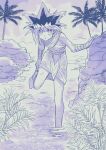  1boy bangs black_hair bracelet commentary_request fushitasu hair_between_eyes jewelry leg_up male_focus mutou_yuugi outdoors rock solo spiked_hair standing standing_on_one_leg tree wet wet_hair yu-gi-oh! yu-gi-oh!_duel_monsters 