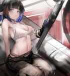  1girl arknights bad_id bad_pixiv_id bare_arms bare_shoulders black_gloves black_hair black_pants blue_eyes breasts crop_top crop_top_overhang eunectes_(arknights) eunectes_(forgemaster)_(arknights) expressionless gloves gnai gradient_hair highres looking_at_viewer medium_breasts midriff multicolored_hair navel no_bra no_tail official_alternate_costume pants pointy_ears shirt short_hair sitting sleeveless sleeveless_shirt solo stomach torn_clothes torn_shirt white_shirt 