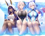  3girls :d animal_ears bangs bare_arms bare_legs bare_shoulders beach_umbrella between_legs black_swimsuit blue_bow blue_eyes blue_swimsuit blunt_bangs blush bow breast_squeeze breasts bun_cover closed_mouth collarbone competition_swimsuit crossed_legs cup dark-skinned_female dark_skin day drink drinking_glass earrings ears_through_headwear eyebrows_visible_through_hair fate/grand_order fate_(series) hair_between_eyes hair_bow hand_between_legs hand_on_own_chest hand_on_own_knee high_ponytail highres hoop_earrings jackal_ears jewelry large_breasts lens_flare long_hair looking_at_viewer medjed_(fate) miyamoto_musashi_(fate) miyamoto_musashi_(swimsuit_berserker)_(fate) multiple_girls necklace nitocris_(fate) nitocris_(swimsuit_assassin)_(fate) one-piece_swimsuit open_mouth outdoors pink_hair pool purple_eyes purple_hair red_eyes shiroshisu sidelocks silver_hair smile soaking_feet swept_bangs swimsuit thigh_strap tomoe_gozen_(fate) tomoe_gozen_(swimsuit_saber)_(fate) umbrella very_long_hair water white_swimsuit 
