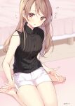  1girl blurry blurry_background blush brown_eyes brown_hair eyebrows_visible_through_hair flying_sweatdrops hazuki_natsu highres indoors lap_pillow_invitation long_hair original short_shorts shorts sitting sleeveless solo sweater translated turtleneck turtleneck_sweater wariza 