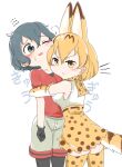  2girls animal_ears bangs black_eyes black_hair blonde_hair blush chis_(js60216) closed_mouth commentary elbow_gloves extra_ears eyebrows_visible_through_hair flying_sweatdrops frown fume gloves grey_shorts high-waist_skirt highres hug jealous kaban_(kemono_friends) kemono_friends legwear_under_shorts looking_at_another looking_at_viewer looking_back miniskirt multiple_girls one_eye_closed open_mouth pantyhose possessive print_gloves print_legwear print_neckwear print_skirt red_shirt serval_(kemono_friends) serval_ears serval_print serval_tail shirt short_hair short_sleeves shorts skirt sleeveless sleeveless_shirt smile standing tail translated white_background white_shirt yellow_eyes yellow_gloves yellow_legwear yellow_neckwear yellow_skirt yuri 