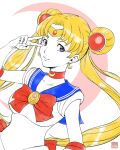  1girl bishoujo_senshi_sailor_moon blonde_hair blue_hair breasts choker circlet collarbone crescent crescent_earrings double_bun earrings elbow_gloves eyebrows_behind_hair eyelashes gloves highres jewelry limited_palette long_hair medium_breasts otsuka_hiroki sailor_moon signature smile solo tsukino_usagi twintails upper_body v 