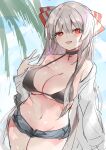  1girl :d bare_shoulders bikini breasts choker cleavage cowboy_shot cross day fujiwara_no_mokou hiiro60 large_breasts leaning_to_the_side long_hair looking_at_viewer navel off_shoulder open_mouth outdoors red_eyes shorts sketch smile solo swimsuit touhou very_long_hair 