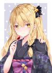  1girl alternate_costume bangs black_bow black_kimono blonde_hair border bow braid closed_mouth eyebrows_visible_through_hair food grey_background hair_bow hair_ornament highres holding holding_food japanese_clothes kimono kirisame_marisa long_hair long_sleeves looking_at_viewer nanase_nao purple_bow side_braid single_braid smile solo star_(symbol) star_hair_ornament starry_background touhou upper_body white_border wide_sleeves yellow_eyes 