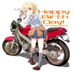  1girl bangs birthday blonde_hair breasts brown_footwear cellphone character_name clothes_around_waist commentary_request english_text eyebrows_visible_through_hair full_body grey_legwear ground_vehicle happy_birthday highres honda jacket jacket_around_waist long_hair looking_at_viewer love_live! love_live!_nijigasaki_high_school_idol_club maruyo medium_breasts miniskirt miyashita_ai motor_vehicle motorcycle nijigasaki_academy_uniform phone ponytail shoes short_sleeves sidelocks skirt smartphone smile socks solo yellow_eyes 