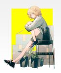  1girl blonde_hair box braid cardboard_box from_side full_body jacket leg_hug legs long_sleeves looking_at_viewer nurse_robot_type_t plant potted_plant shoes short_hair sitting sneakers solo suteinua utau watering_can yellow_eyes 