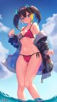  1girl absurdres aqua_eyes arpeggio_kaga ass_visible_through_thighs bangs bare_legs bare_shoulders bikini black_hair blue_sky blush breasts cloud collarbone day displayer groin hair_ornament headgear highres jacket long_hair looking_at_viewer multicolored_hair off_shoulder open_clothes open_jacket outdoors pink_bikini rinka_raizenbain side-tie_bikini sidelocks sky solo standing streaked_hair string_bikini swimsuit twintails virtual_youtuber wading water wet 