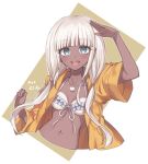  1girl :d arm_up bangs bead_bracelet beads bikini bikini_top blunt_bangs blush bracelet breasts collarbone cropped_torso danganronpa_(series) danganronpa_v3:_killing_harmony dark_skin eyebrows_visible_through_hair frilled_bikini frills jacket jewelry juugonichi_(wheeliex2) long_hair long_sleeves looking_at_viewer low_twintails navel navel_piercing necklace open_mouth orange_background piercing shell_necklace smile solo swimsuit transparent_background twintails upper_body upper_teeth wide_sleeves yellow_jacket yonaga_angie 