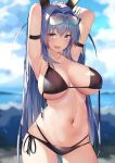  1girl absurdres animal_ears armband armpits arms_behind_head arms_up azur_lane bangs bikini black_bikini blue_eyes blue_hair blue_sky blurry blurry_background breasts bunny_ears chromatic_aberration cloud commentary crossed_bangs day eyebrows_visible_through_hair eyes_visible_through_hair eyewear_on_head hair_between_eyes hair_intakes highres large_breasts long_hair looking_at_viewer navel new_jersey_(azur_lane) open_mouth outdoors sidelocks sky solo sunglasses swimsuit u_ronnta very_long_hair 