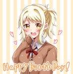  1girl bangs birthday blonde_hair blush bow bowtie breasts cardigan commentary_request english_text hakumai_konatsu happy_birthday heart highres long_sleeves looking_at_viewer love_live! love_live!_nijigasaki_high_school_idol_club medium_breasts medium_hair miyashita_ai red_neckwear sidelocks solo upper_body yellow_eyes 