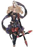  1girl armor bangs blonde_hair blue_eyes boots braid breasts cleavage full_body gloves granblue_fantasy hair_intakes hair_ornament hairband highres jacket large_breasts long_hair looking_at_viewer pants scarf shimatani_azu solo thighhighs twintails weapon zeta_(granblue_fantasy) 