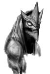  1other absurdres alien bare_shoulders closed_mouth face greyscale highres hood hood_up horns inriganan looking_at_viewer monochrome monster multiple_horns no_pupils original sharp_teeth simple_background sketch solo teeth white_background 