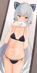  1girl b6 blush body_writing breasts female_pov girls_frontline highres holding holding_phone long_hair measuring mirror navel orange_eyes penis_measuring phone pov reflection selfie silver_hair solo sweatdrop tokarev_(girls_frontline) underwear underwear_only very_long_hair 