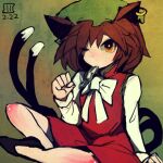  1girl animal_ears bow bowtie brown_eyes brown_hair cat_ears cat_tail chen dress earrings gold_trim green_background hat indian_style jewelry maaru_(akira428) mob_cap mouth_hold nekomata one_eye_closed red_dress short_hair simple_background single_earring sitting solo tail touhou white_neckwear 