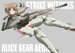  1girl absurdres ahoge alice_gear_aegis background_text bangs blue_eyes bodysuit braid braided_ponytail brown_hair commentary_request copyright_name cosplay english_text eyebrows_visible_through_hair flying grey_background grey_bodysuit gun hair_tie headset highres holding holding_gun holding_weapon huge_weapon long_hair looking_at_viewer lynette_bishop mecha_musume parted_lips simple_background single_braid smile solo strike_witches tricky_46 trigger_discipline weapon world_witches_series 