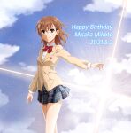  1girl 2021 blazer blue_skirt blue_sky bow bowtie brown_eyes brown_hair cameron_(pawoo) closed_mouth cloud collared_shirt dated day dress_shirt fang flower hair_between_eyes hair_flower hair_ornament happy_birthday highres jacket long_hair long_sleeves looking_at_viewer miniskirt misaka_mikoto outdoors plaid plaid_skirt pleated_skirt red_bow red_neckwear school_uniform shiny shiny_hair shirt short_shorts shorts shorts_under_skirt skirt sky smile solo standing toaru_majutsu_no_index tokiwadai_school_uniform white_flower white_shirt white_shorts wing_collar 