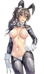  1girl adapted_costume animal_ears ashigara_(kancolle) black_jacket black_pants blush breasts brown_eyes brown_hair bunny_ears cleavage detached_collar frown gloves hair_between_eyes hand_on_hip heart_pasties highres jacket kantai_collection kokuzou large_breasts long_hair long_sleeves looking_at_viewer meme_attire navel pants pasties ponytail reverse_bunnysuit reverse_outfit sidelocks simple_background solo upper_body white_background white_gloves 