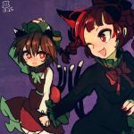  2girls ;d animal_ears bow bowtie braid breasts bright_pupils brown_hair cat_ears cat_tail chen dress earrings fang gold_trim green_dress hat holding_hands jewelry kaenbyou_rin long_hair looking_at_another maaru_(akira428) medium_breasts mob_cap multiple_girls multiple_tails nail_polish nekomata one_eye_closed open_mouth purple_background red_dress red_eyes red_nails red_neckwear short_hair single_earring skin_fang smile tail touhou twin_braids twintails two_tails white_neckwear 