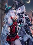  2girls absurdres arknights artist_name bangs bare_shoulders black_coat black_headwear black_neckwear blue_gloves blue_headwear breasts coat commentary cowboy_shot crescent_moon dress eyebrows_visible_through_hair gladiia_(arknights) gloves grey_hair hair_between_eyes highres long_hair looking_at_another moon multiple_girls open_clothes open_coat outdoors pale_skin pointy_ears red_dress red_eyes sheya short_dress signature silver_hair skadi_(arknights) skadi_the_corrupting_heart_(arknights) small_breasts standing symbol_commentary thighs very_long_hair white_hair yuri 