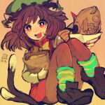  1girl :d animal_ear_fluff animal_ears bow bowtie brown_background brown_hair brown_legwear cat_ears cat_tail chen dress earrings fish food food_on_face gold_trim hat jewelry knees_together_feet_apart knees_up looking_at_viewer maaru_(akira428) mob_cap multiple_tails nekomata open_mouth pantyhose red_dress red_eyes short_hair simple_background single_earring smile solo tail touhou two_tails yellow_neckwear 