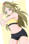  1girl black_shorts breasts brown_hair cleavage cowboy_shot cross-body_stretch fuchi_(nightmare) green_eyes hair_bobbles hair_ornament high_ponytail highres long_hair midriff minamino_kanade navel ponytail precure short_shorts shorts small_breasts smile solo sports_bra standing stretch suite_precure yellow_sports_bra 