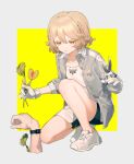  1girl blonde_hair braid collared_shirt corpse disembodied_limb gardening gloves holding_plant kneeling legs long_sleeves nurse_robot_type_t open_clothes open_shirt plant shears shirt shoes short_hair shorts smartwatch sneakers solo_focus suteinua utau venus_flytrap white_footwear yellow_eyes 