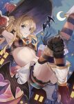  1girl bangs blonde_hair blue_eyes blush breasts cleavage granblue_fantasy hair_intakes hair_ornament hairband halloween hat large_breasts long_hair looking_at_viewer navel polearm shorts smile solo spear thighhighs trick_or_treat twintails weapon witch_hat yu-hi zeta_(granblue_fantasy) 