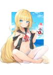  1girl bangs barefoot bikini blonde_hair blue_eyes blue_sky blunt_bangs blurry bokeh breasts character_request day depth_of_field eyebrows_visible_through_hair frilled_bikini frills grin highres indian_style long_hair looking_at_viewer luse_maonang marie_fou_lovan navel official_art otome_gee_sekai_wa_mob_ni_kibishii_sekai_desu outdoors outside_border sailor_collar shaved_ice sidelocks simple_background single_thighhigh sitting sky small_breasts smile solo sweat swimsuit thighhighs very_long_hair white_background white_legwear 