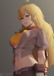  1girl ahoge bag belt belt_buckle black_belt blonde_hair brown_eyes brown_jacket buckle eyebrows_visible_through_hair grey_background grin hair_between_eyes highres jacket long_hair looking_at_viewer midriff navel putcher rwby short_sleeves smile solo standing stomach very_long_hair watermark yang_xiao_long yellow_bandeau 