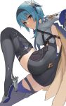  1girl ass backless_leotard black_hairband black_legwear blue_hair boots breasts closed_mouth eula_lawrence genshin_impact hairband high_heel_boots high_heels kopaka_(karda_nui) leg_up long_sleeves looking_at_viewer medium_breasts medium_hair simple_background solo thigh_boots thighhighs white_background 