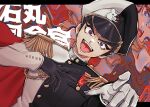  bangs black_gloves black_hair black_headwear black_jacket blue_eyes buttons commentary_request danganronpa:_trigger_happy_havoc danganronpa_(series) dutch_angle fangs gakuran gloves hand_on_own_chest hands_up hat highres ishimaru_kiyotaka jacket looking_at_viewer male_focus mastermind military military_uniform mismatched_gloves monokuma multicolored multicolored_eyes octo_(sumidanagi) open_mouth peaked_cap red_eyes school_uniform short_hair solo thick_eyebrows two-tone_headwear two-tone_jacket uniform white_gloves white_headwear white_jacket 