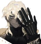 black_gloves blonde_hair blue_eyes closed_mouth dark-skinned_male dark_skin earrings eyepatch face fangs fangs_out gloves hand_over_eye hand_up hands jewelry looking_at_viewer one_eye_covered original pigeon666 portrait simple_background smile white_background 