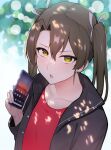  1girl absurdres alternate_costume bangs black_jacket cellphone grey_hair hair_ornament hair_ribbon highres holding holding_phone jacket kantai_collection long_hair looking_at_viewer open_mouth phone red_shirt ribbon shirt smartphone solo takaman_(gaffe) twintails yellow_eyes zuikaku_(kancolle) 