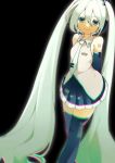  1girl absurdly_long_hair aqua_eyes aqua_hair aqua_neckwear arms_behind_back bare_shoulders black_background black_legwear black_skirt black_sleeves boots chromatic_aberration commentary detached_sleeves grey_shirt hair_ornament hatsune_miku headphones highres long_hair looking_at_viewer miniskirt necktie pleated_skirt shirt shoulder_tattoo skirt sleeveless sleeveless_shirt smile solo standing tattoo thigh_boots thighhighs twintails very_long_hair vocaloid zettai_ryouiki 