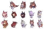  6+girls ahoge animal animal_ears bangs blush bowl braid bread breasts brown_hair buruma cat chair chibi chopsticks crying daiwa_scarlet_(umamusume) dress ear_bow ear_covers ear_ribbon eyebrows_visible_through_hair fan flower food gold_ship_(umamusume) hair_intakes hair_over_one_eye haru_urara_(umamusume) hat headband heart heart_in_mouth highres holding holding_animal holding_cat holding_fan horse_ears horse_girl horse_tail jacket long_hair long_sleeves maruzensky_(umamusume) mejiro_mcqueen_(umamusume) mihono_bourbon_(umamusume) mizuta_marixxx multicolored_hair multiple_girls nice_nature_(umamusume) oguri_cap_(umamusume) open_mouth pink_hair ponytail popcorn purple_hair red_buruma ribbon rice_shower_(umamusume) sakura_bakushin_o_(umamusume) school_uniform shirt silver_hair sitting skirt sleeping smile smug standing standing_on_one_leg streaked_hair super_creek_(umamusume) sweatdrop tail tamamo_cross_(umamusume) tears tiara tilted_headwear tokai_teio_(umamusume) tracen_school_uniform twintails two-tone_hair umamusume weighing_scale white_background white_jacket white_shirt 