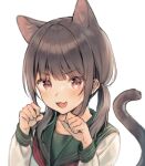  :d animal_ear_fluff animal_ears bangs black_hair brown_eyes cat_ears cat_girl cat_tail commentary_request eyebrows_visible_through_hair fang green_sailor_collar hair_over_shoulder hands_up long_hair long_sleeves looking_at_viewer low_twintails midorikawa_you open_mouth original paw_pose sailor_collar school_uniform serafuku shirt smile solo tail tail_raised twintails upper_body v-shaped_eyebrows white_background white_shirt 