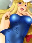  1girl bangs blonde_hair blue_swimsuit bow breasts collarbone eyebrows_visible_through_hair hair_between_eyes hair_bow large_breasts long_hair open_mouth purple_eyes red_bow school_swimsuit shiny shiny_hair solo swimsuit touhou very_long_hair yadokari_genpachirou yakumo_yukari 