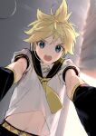  1boy aqua_eyes arm_warmers backlighting bass_clef belt black_collar blonde_hair collar commentary curtains from_below headphones headset indoors kagamine_len looking_at_viewer looking_down male_focus midriff naoko_(naonocoto) navel necktie open_mouth outstretched_arms pov sailor_collar shirt short_sleeves sketch solo spiked_hair v-shaped_eyebrows vocaloid white_shirt yellow_neckwear 