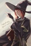  1girl arm_up book bridal_gauntlets cape fire_emblem fire_emblem_awakening glasses hair_ornament hat holding holding_book holding_weapon long_sleeves miriel_(fire_emblem) muni_inno red_eyes red_hair short_hair turtleneck upper_body weapon witch_hat 