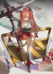  1girl arknights bangs bare_legs black_shirt hair_between_eyes highres horns ka_shou_yu_jiu long_hair looking_at_viewer miniskirt official_alternate_costume purple_eyes red_hair red_skirt shirt short_sleeves skateboard skirt smile solo surtr_(arknights) surtr_(liberte_echec)_(arknights) sword thighs very_long_hair weapon 