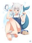  1girl animal_ears bangs barefoot bloop_(gawr_gura) blue_eyes blue_hair cat_ears feet fish_tail gawr_gura highres hololive hololive_english looking_at_viewer lululewd multicolored_hair nail_art official_alternate_costume one_eye_closed shark_tail sharp_teeth silver_hair smile soles solo streaked_hair tail teeth toes upper_teeth virtual_youtuber 
