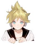  1boy aqua_eyes black_collar blonde_hair collar collared_shirt commentary expressionless headphones headset kagamine_len looking_at_viewer male_focus nail_polish naoko_(naonocoto) sailor_collar shirt short_sleeves solo spiked_hair vocaloid white_background white_shirt yellow_nails 