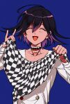  :d absurdres bangs black_hair black_scarf blue_background buttons checkered checkered_background checkered_scarf closed_eyes collarbone commentary danganronpa_(series) danganronpa_v3:_killing_harmony double-breasted extra_mouth facing_viewer fangs hair_between_eyes happy highres holding holding_clothes holding_scarf jacket long_sleeves male_focus multicolored_hair open_mouth ouma_kokichi purple_hair sanmian_(chidarakeno) scarf shiny shiny_hair short_hair simple_background smile straitjacket teeth upper_body 
